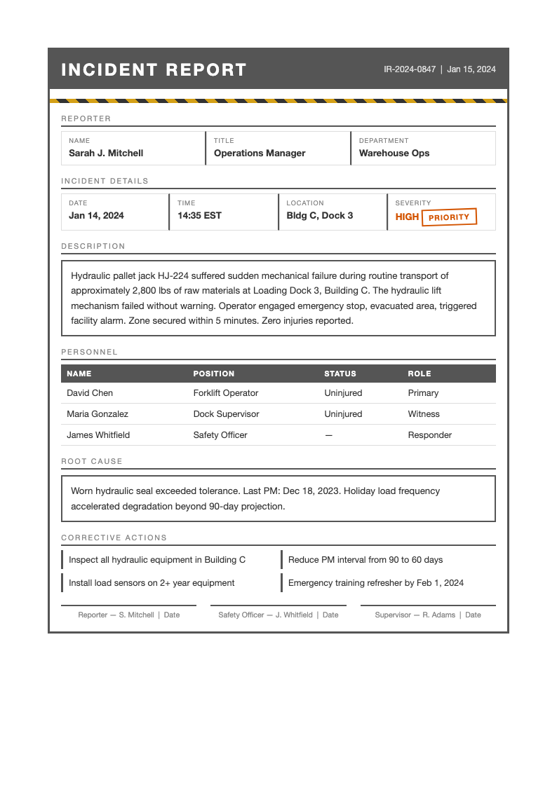 Industrial raw incident report